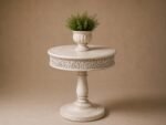 Handcrafted Round Wooden Side Table – Carved Pedestal Design | Distressed White Finish - Image 3
