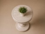 Handcrafted Round Wooden Side Table – Carved Pedestal Design | Distressed White Finish - Image 4