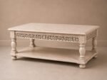 Handcrafted Wooden Coffee Table with Shelf – Carved Detail | Distressed Natural Finish - Image 5