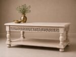 Handcrafted Wooden Coffee Table with Shelf – Carved Detail | Distressed Natural Finish - Image 2