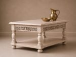 Handcrafted Wooden Coffee Table with Shelf – Carved Detail | Distressed Natural Finish - Image 4