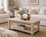 Handcrafted Wooden Coffee Table with Shelf – Carved Detail | Distressed Natural Finish - Image 3