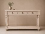 Handcrafted Wooden Console Table with Drawers – Minimal Carved Design | Distressed White Finish - Image 2