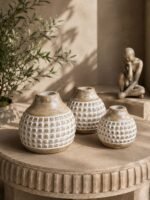 Mango Wood Vase Set of 3 – Distressed White Decorative Tabletop Vases