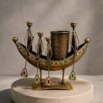 The Heritage Tribal Boat Pen Holder | Hand-Painted Metal Artisan Desk Organizer