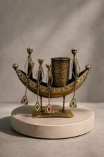 The Heritage Tribal Boat Pen Holder | Hand-Painted Metal Artisan Desk Organizer
