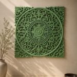 Sage Green Carved Mandala Wall Panel – Vintage Indian Floral Wall Decor (90 cm)