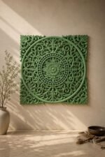 Sage Green Carved Mandala Wall Panel – Vintage Indian Floral Wall Decor (90 cm)