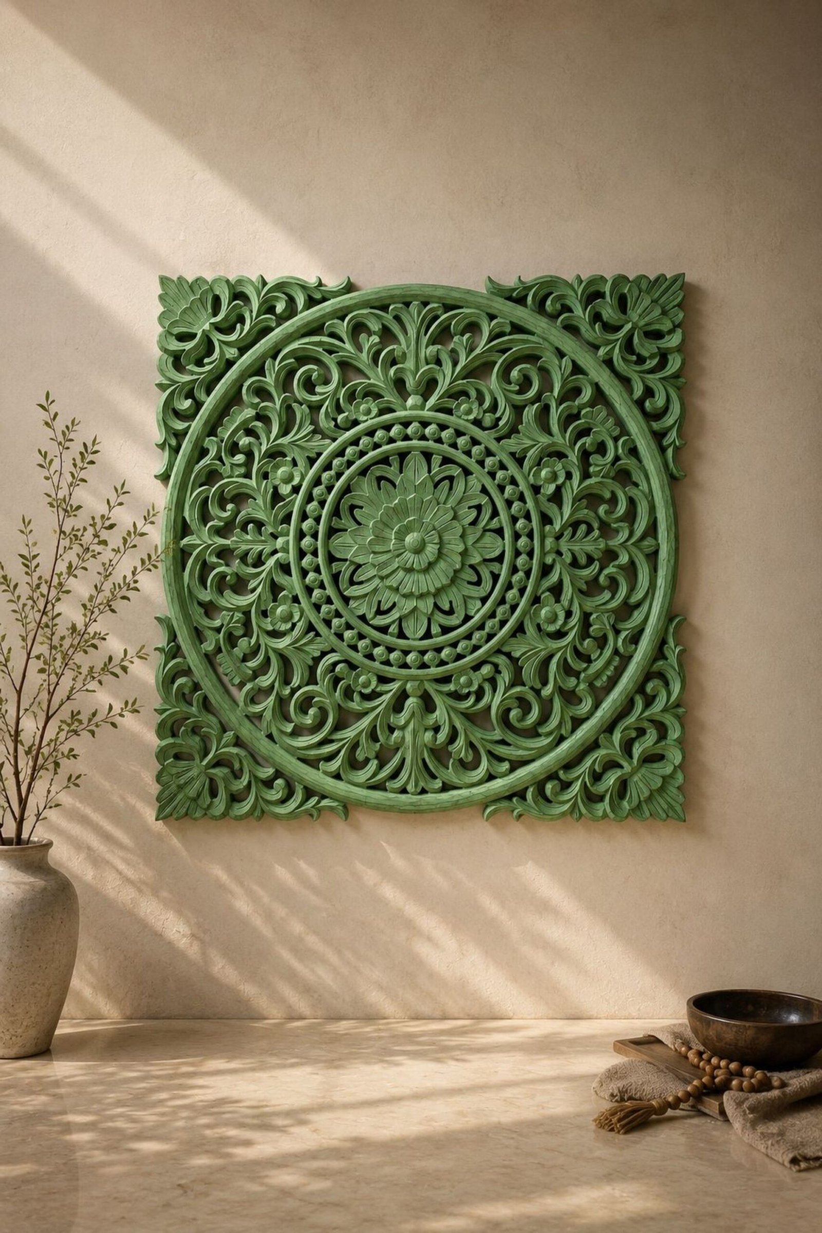 w_8 Sage Green Carved Mandala Wall Panel – Vintage Indian Floral Wall Decor (90 cm) - Image 1