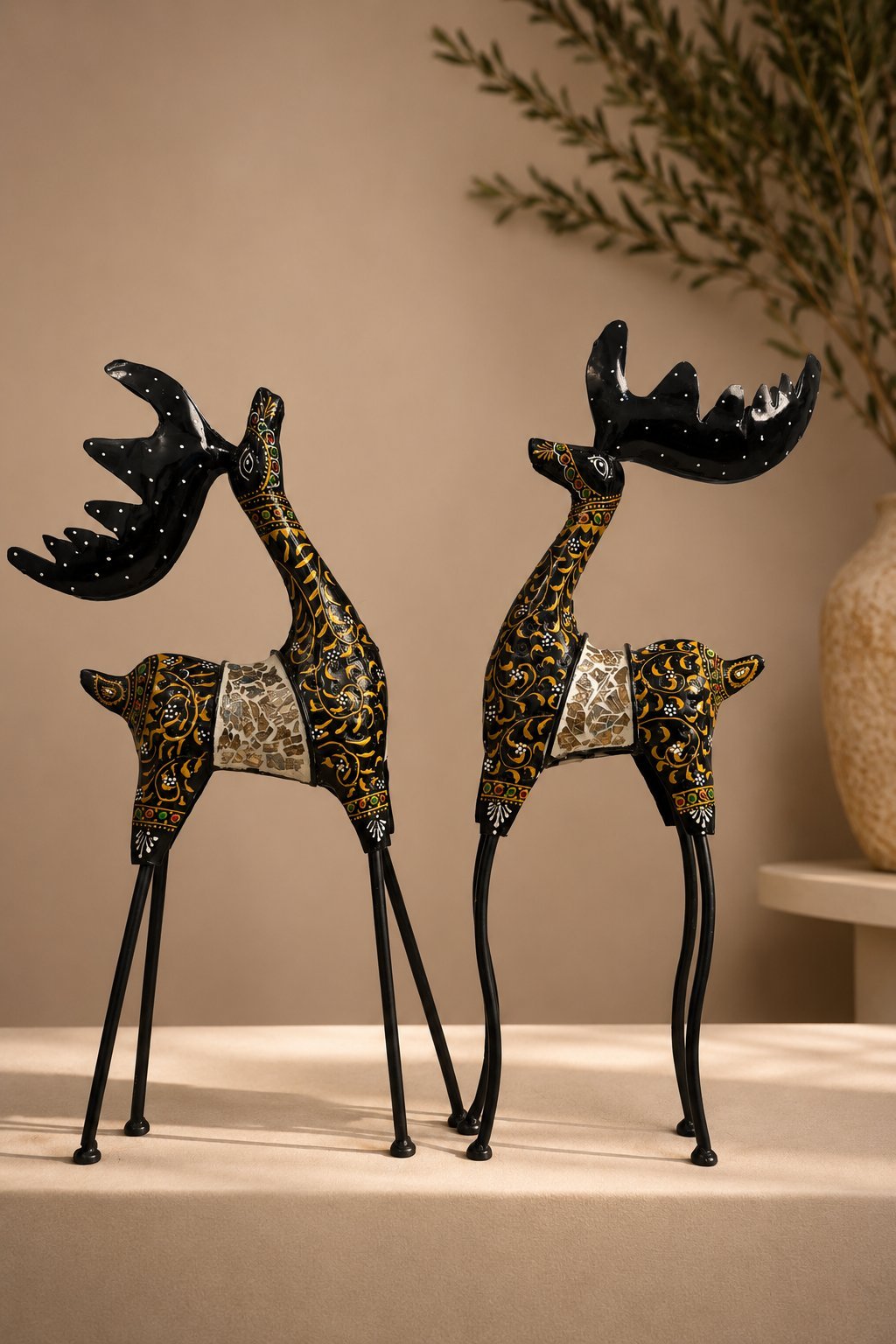 Black_Gold_Chinkara_Set_Lifestyle The Heritage Chinkara Sculpture Set | Handcrafted Metal & Mosaic Artisan Décor (Set of 2) - Image 1