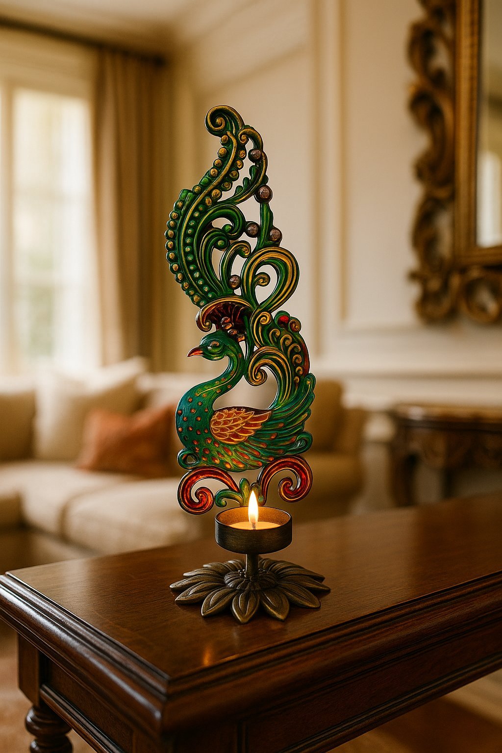 The Heritage Peacock Candle Holder | Handcrafted Metal Artisan Décor - Image 2