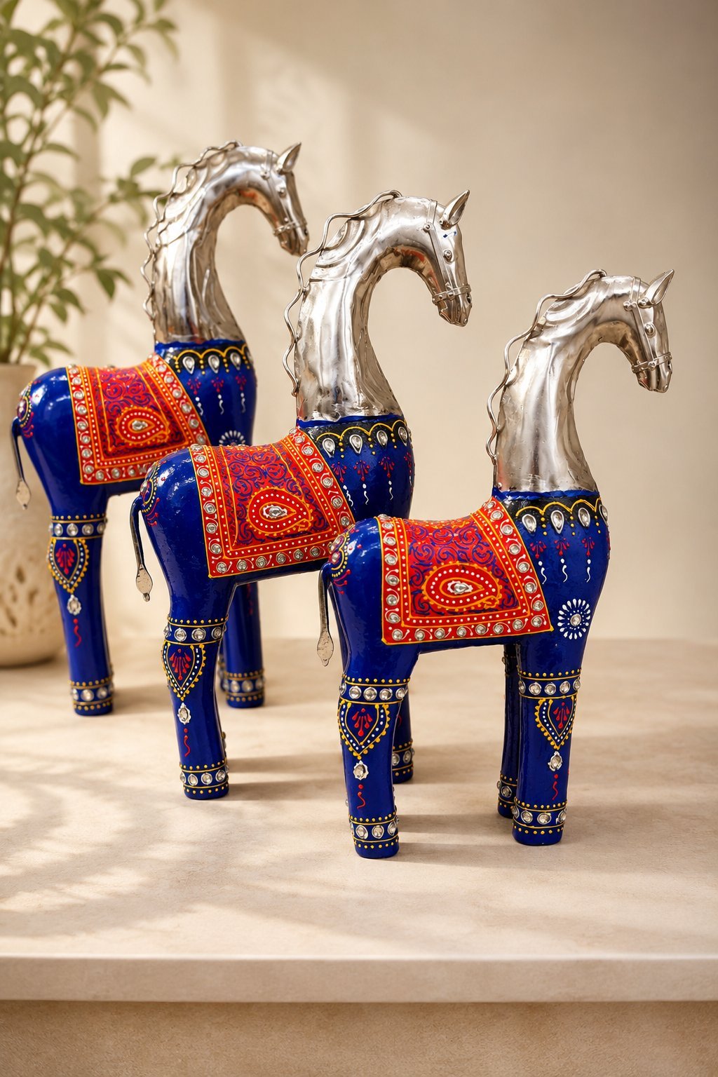 Peacock_Diya_Studio The Heritage Horse Sculpture Set | Handcrafted Metal Decorative Accent (Set of 3) - Image 1