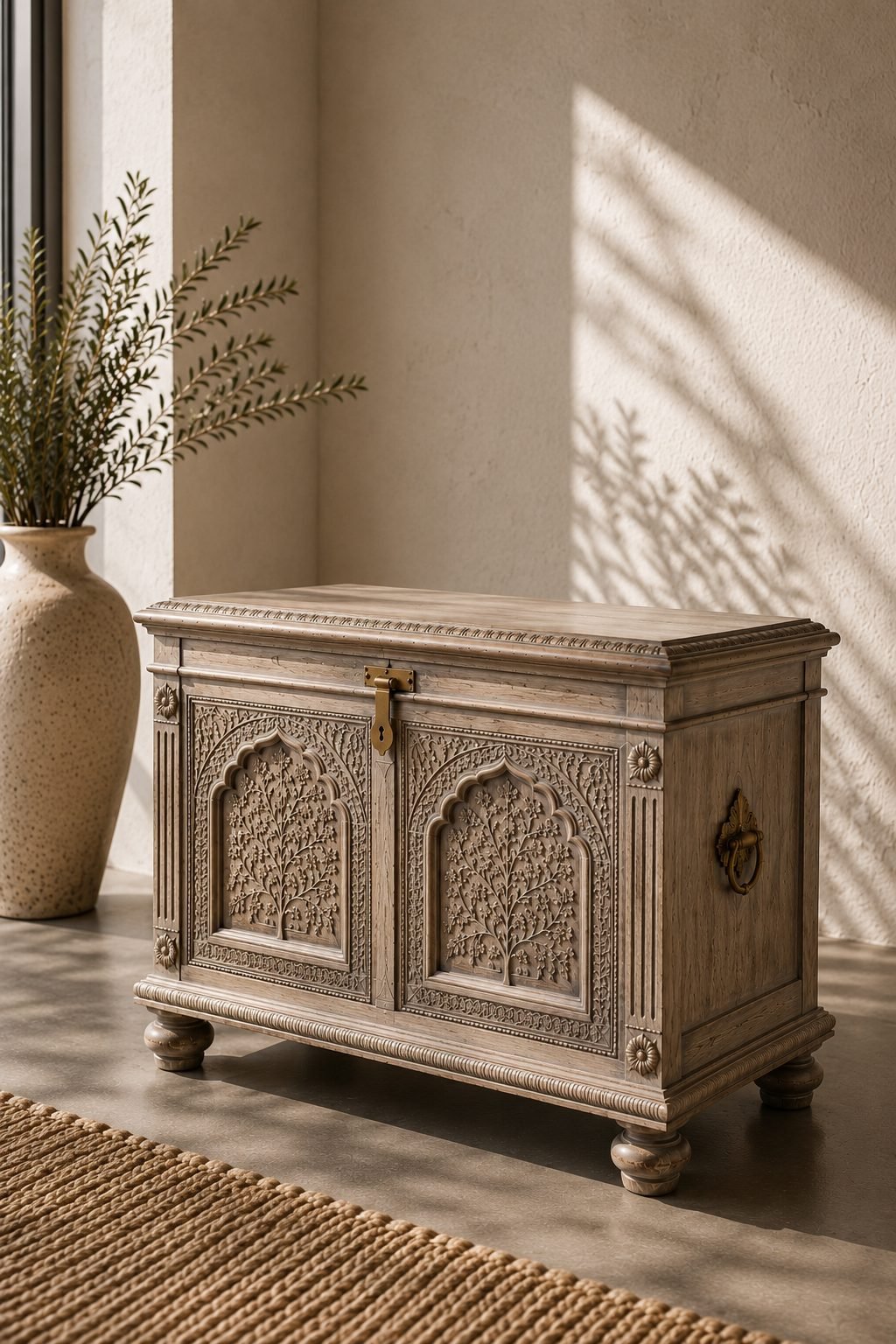 heritage_creations_view_2 Aravali Heritage Trunk – Luxury Hand-Carved Solid Wood Storage Trunk - Image 1