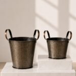 Antique Embossed Metal Planter Set with Handles – Rustic Garden Buckets for Indoor & Outdoor Décor