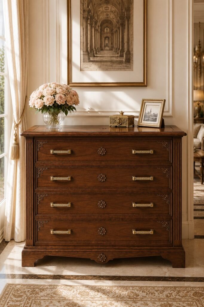 Mayfair Heritage Chest in walnut brown with hand-carved detailing and brass handles