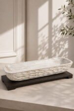 Rectangular Wooden Decorative Tray – Hand-Carved Mango Wood Centrepiece (Distressed White)