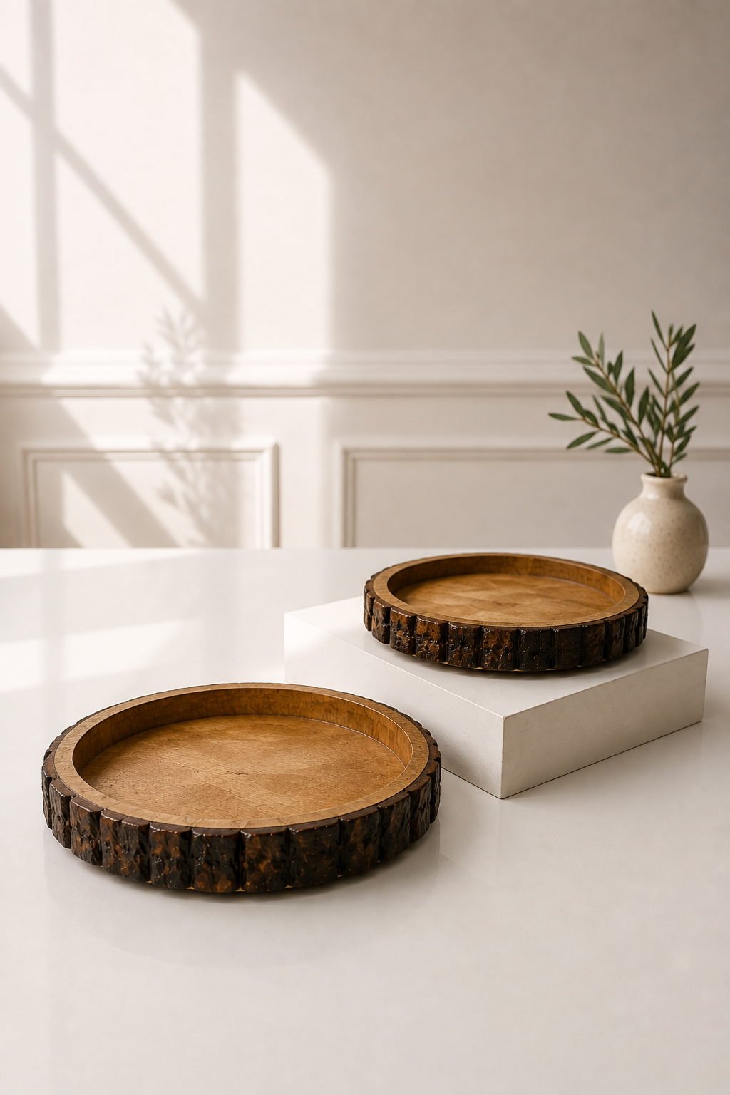 table decor 6 Mango Wood Round Tray Set of 2 – Natural Rustic Bark Edge Decorative Platters - Image 1