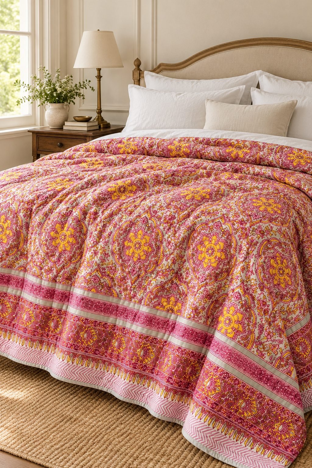 07_Pink_Yellow_Floral_Open Rose Paisley Quilt - Image 1