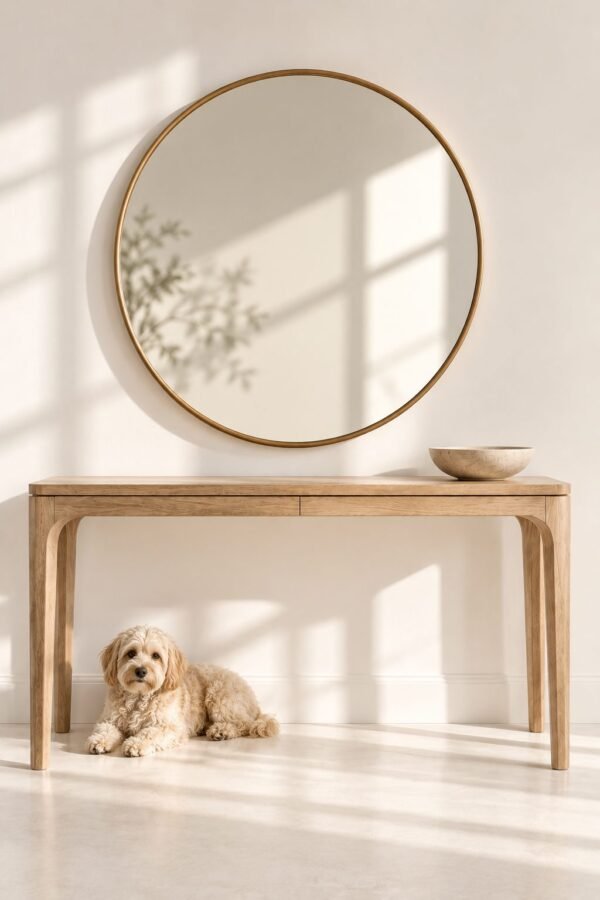 The Belgravia Entryway Set – Solid Teak Console & Round Mirror