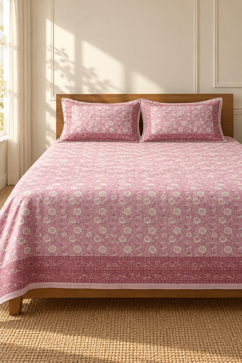 HC-BS-001-Open Rose Ditsy Border Cotton Bedsheet Set - Image 1