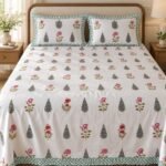 Teal Floral Sprig Cotton Bedsheet Set