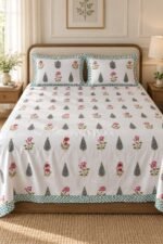Teal Floral Sprig Cotton Bedsheet Set