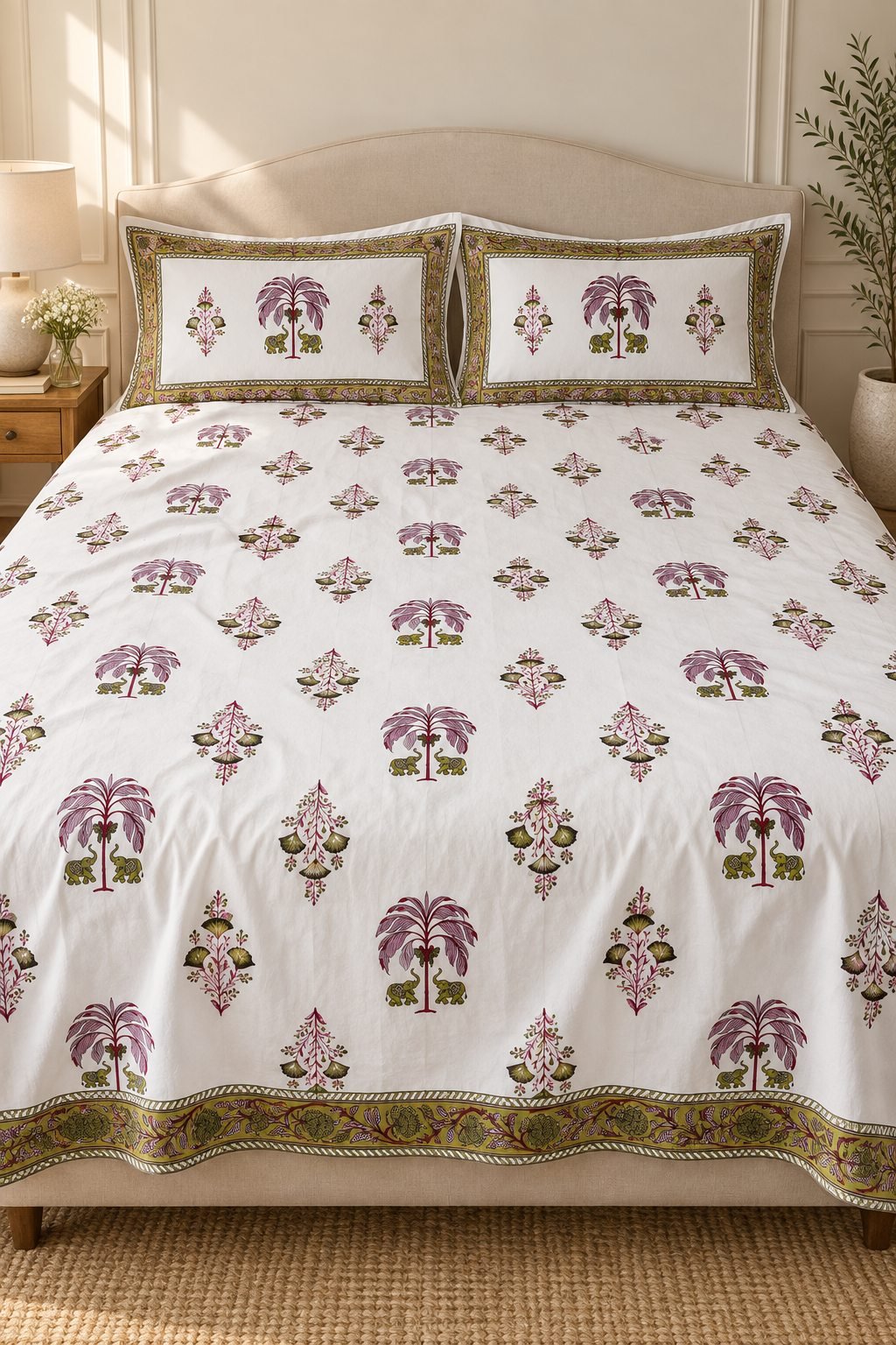 HC-BS-014-Open Olive Palm Motif Cotton Bedsheet Set - Image 1