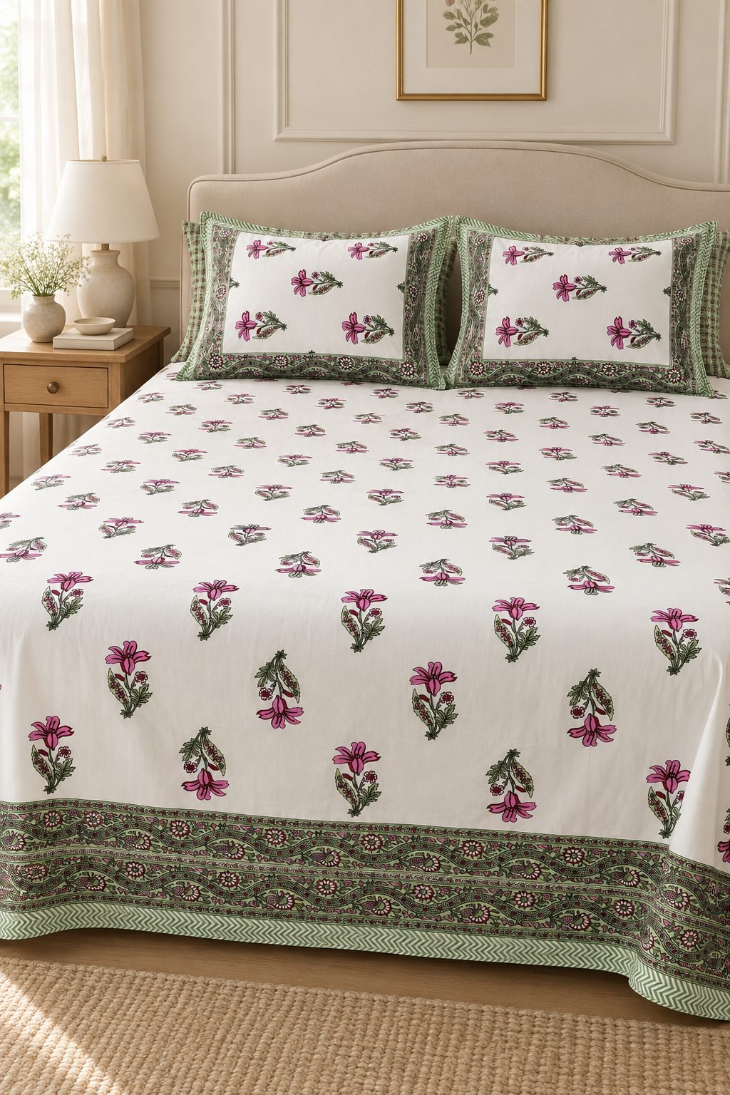 HC-BS-019-Open Green Palm Sprig Cotton Bedsheet Set - Image 1