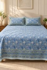 Powder Blue Floral Cotton Bedsheet Set