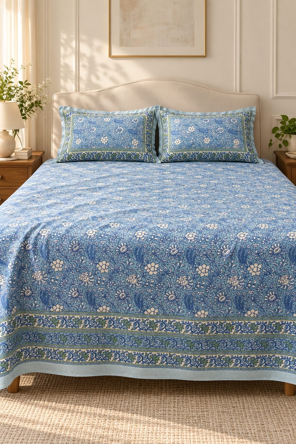HC-BS-021-Open Powder Blue Floral Cotton Bedsheet Set - Image 1