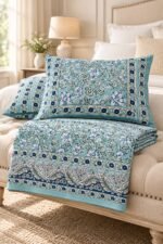 Teal Garden Border Cotton Bedsheet Set - Image 2