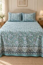 Teal Garden Border Cotton Bedsheet Set