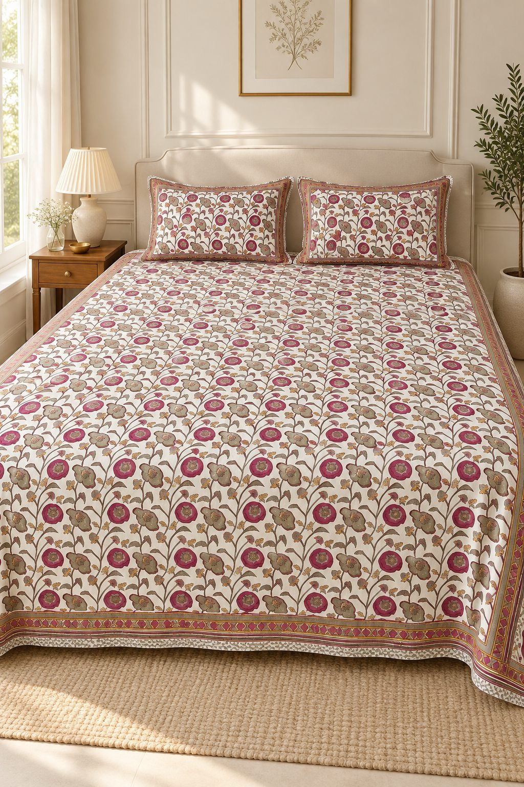 HC-BS-030-Open Rose Floral Sprig Cotton Bedsheet Set - Image 1