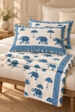 Blue Elephant Parade Cotton Bedsheet Set - Image 2