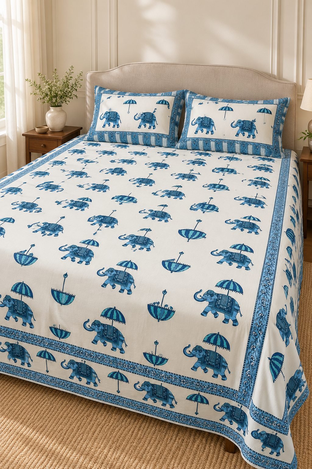 HC-BS-039-Open Blue Elephant Parade Cotton Bedsheet Set - Image 1