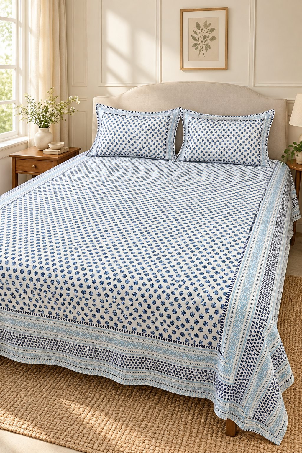 HC-BS-041-Open Blue Micro Print Cotton Bedsheet Set - Image 1