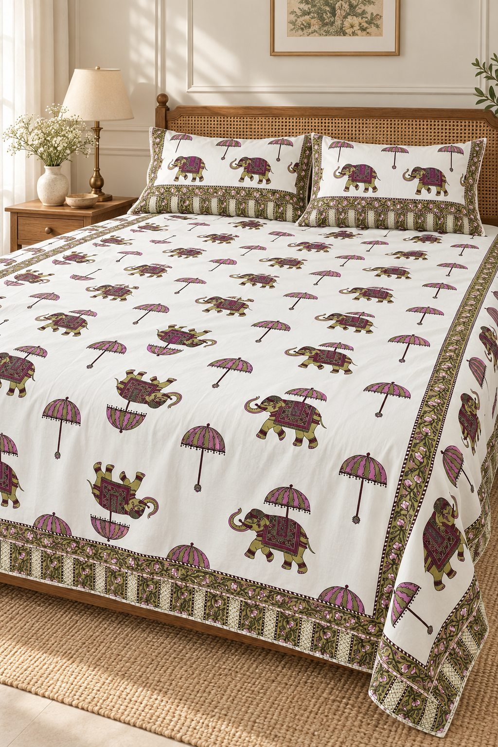HC-BS-042-Open Olive Elephant Parade Cotton Bedsheet Set - Image 1