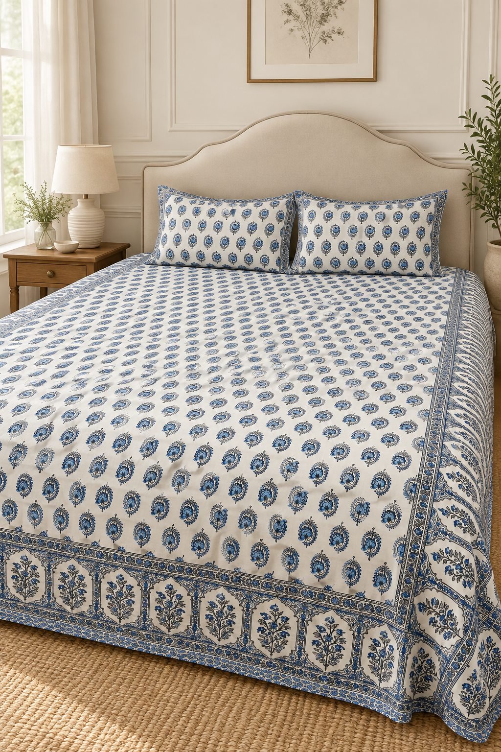 HC-BS-045-Open Indigo Paisley Sprig Cotton Bedsheet Set - Image 1