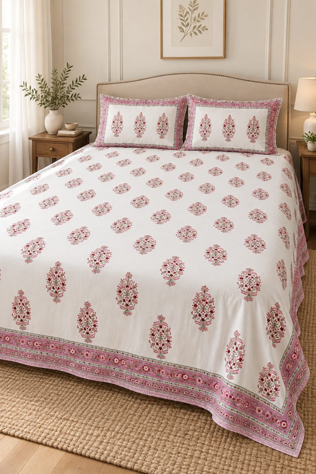 HC-BS-048-Open Terracotta Botanical Sprig Cotton Bedsheet Set - Image 1
