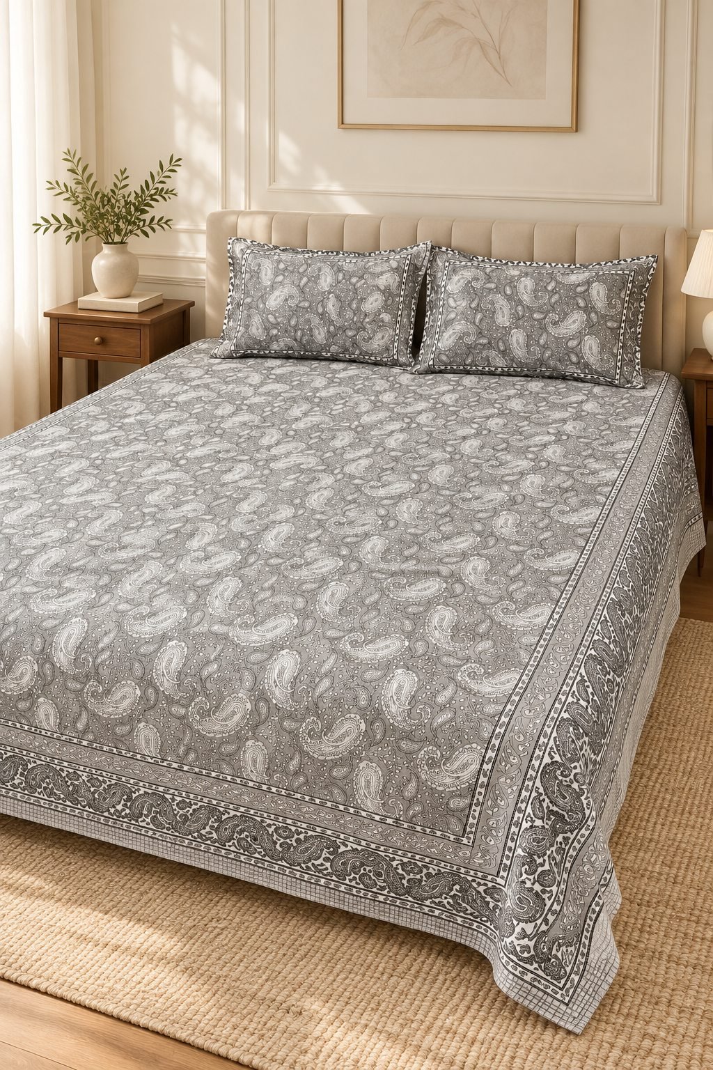 HC-BS-050-Open Silver Floral Vine Cotton Bedsheet Set - Image 1
