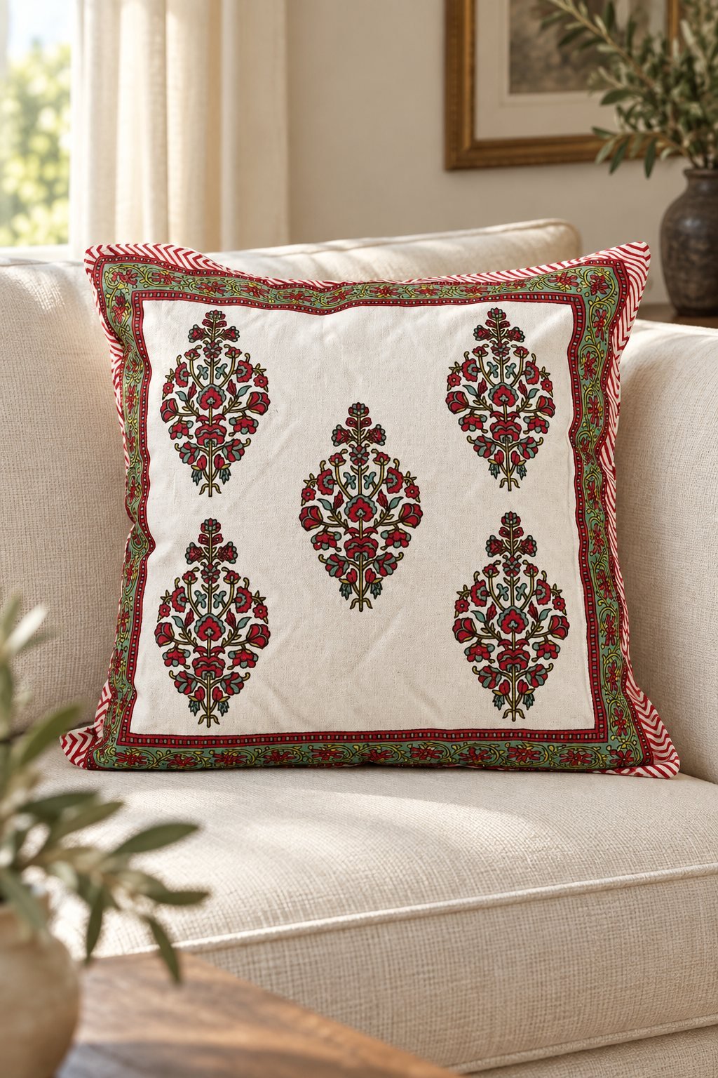 HC-CC-017-01 Burgundy Botanical Medallion Cotton Cushion Covers — Set of 5 - Image 1