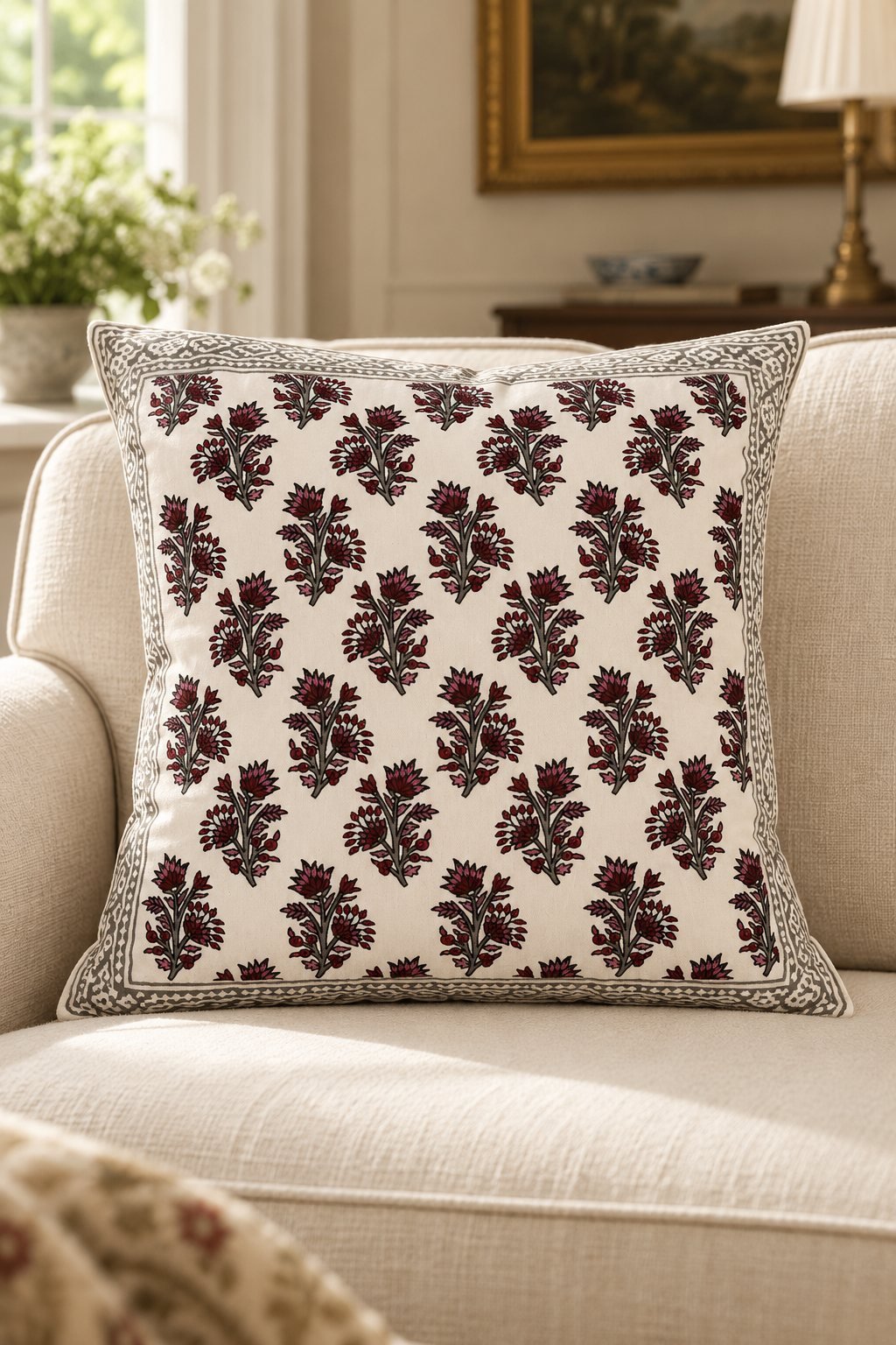 HC-CC-029-01 Charcoal Sprig Cotton Cushion Covers — Set of 5 - Image 1