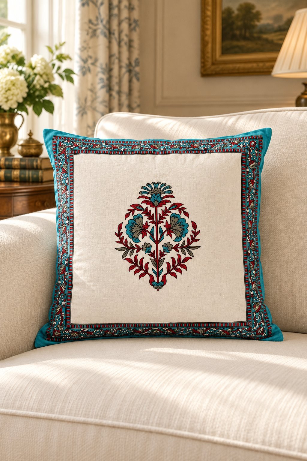 HC-CC-030-01 Turquoise Floral Motif Cotton Cushion Covers — Set of 5 - Image 1