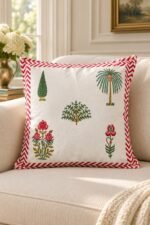 Crimson Botanical Chevron Cotton Cushion Covers — Set of 5