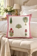 Crimson Botanical Chevron Cotton Cushion Covers — Set of 5 - Image 3