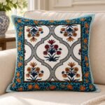 Blue Floral Lattice Cotton Cushion Covers — Set of 5