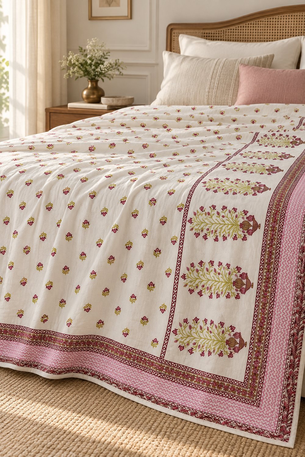 HC-DHR-010-OPEN Rose Floral Stripe Reversible Cotton Dohar - Image 1