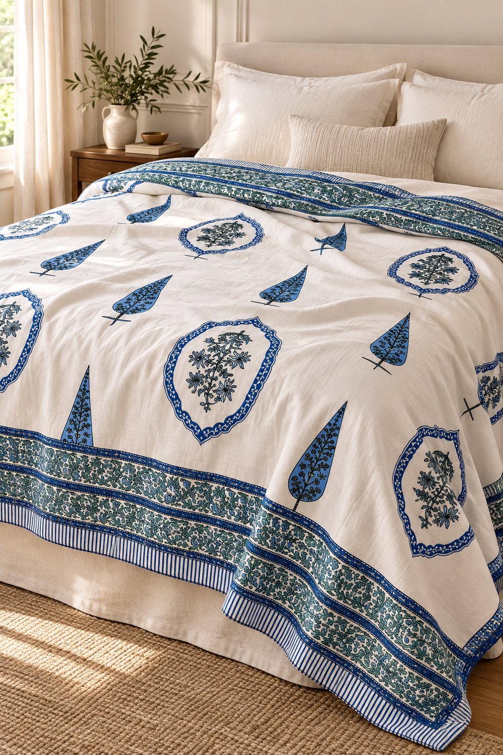 HC-DHR-011-OPEN Indigo Botanical Teardrop Reversible Cotton Dohar - Image 1