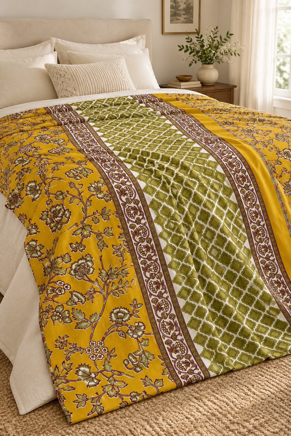 HC-DHR-013-OPEN Saffron Garden Lattice Reversible Cotton Dohar - Image 1