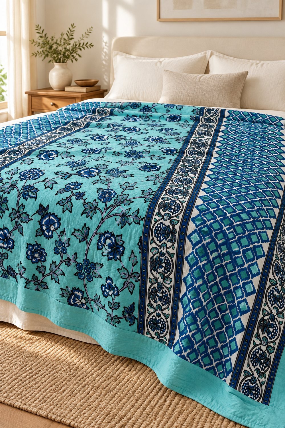 HC-DHR-015-OPEN Turquoise Botanical Vine Reversible Cotton Dohar - Image 1